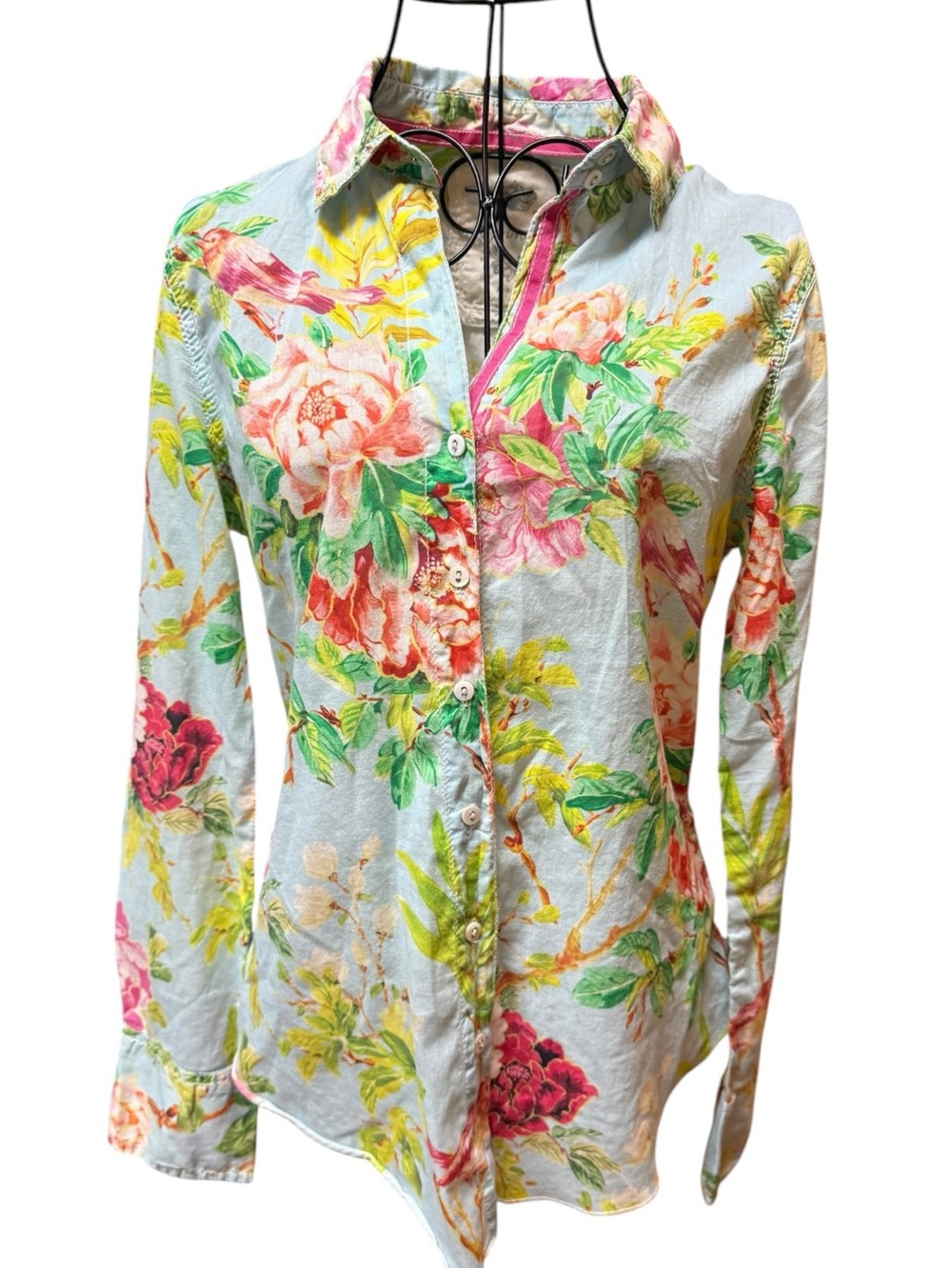CINO Button-Front 100% Cotton Bird Floral Shirt Pink & Green